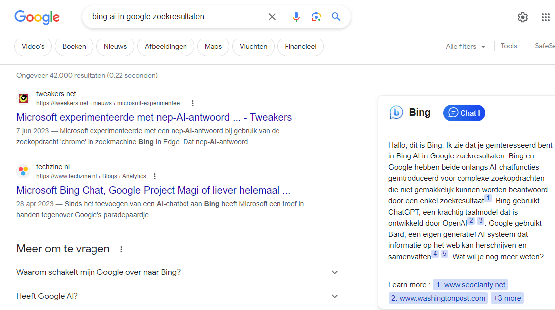 Bing chat in Google search zoekresultaten